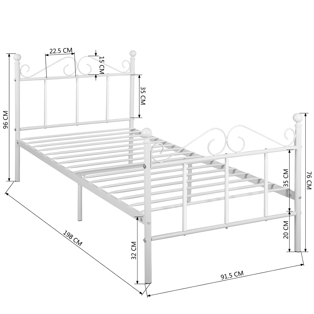 Cadre de lit métallique simple 90x190 cm, parfait pour une chambre moderne-Blanc