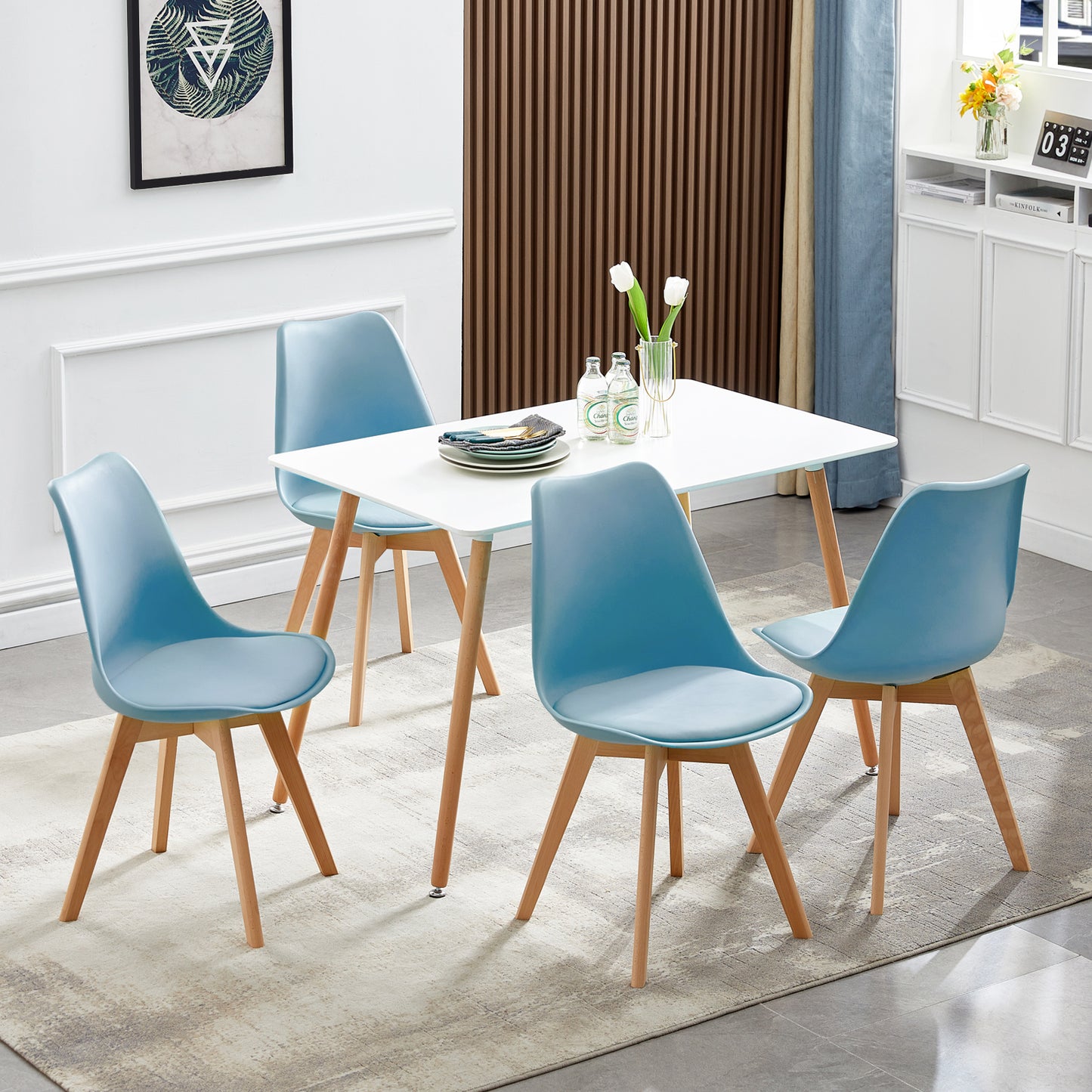 Lot de 1 Chaise de salle à manger, Cuisine Rétro Rembourrée Chaise de Salle de Bureau, Pieds en Bois de Hêtre Massif--Brume bleue