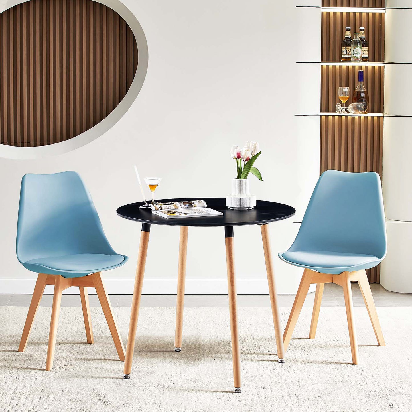Lot de 1 Chaise de salle à manger de style nordique, Cuisine Rétro Rembourrée Chaise de Salle de Bureau, Pieds en Bois de Hêtre Massif--Brume bleue