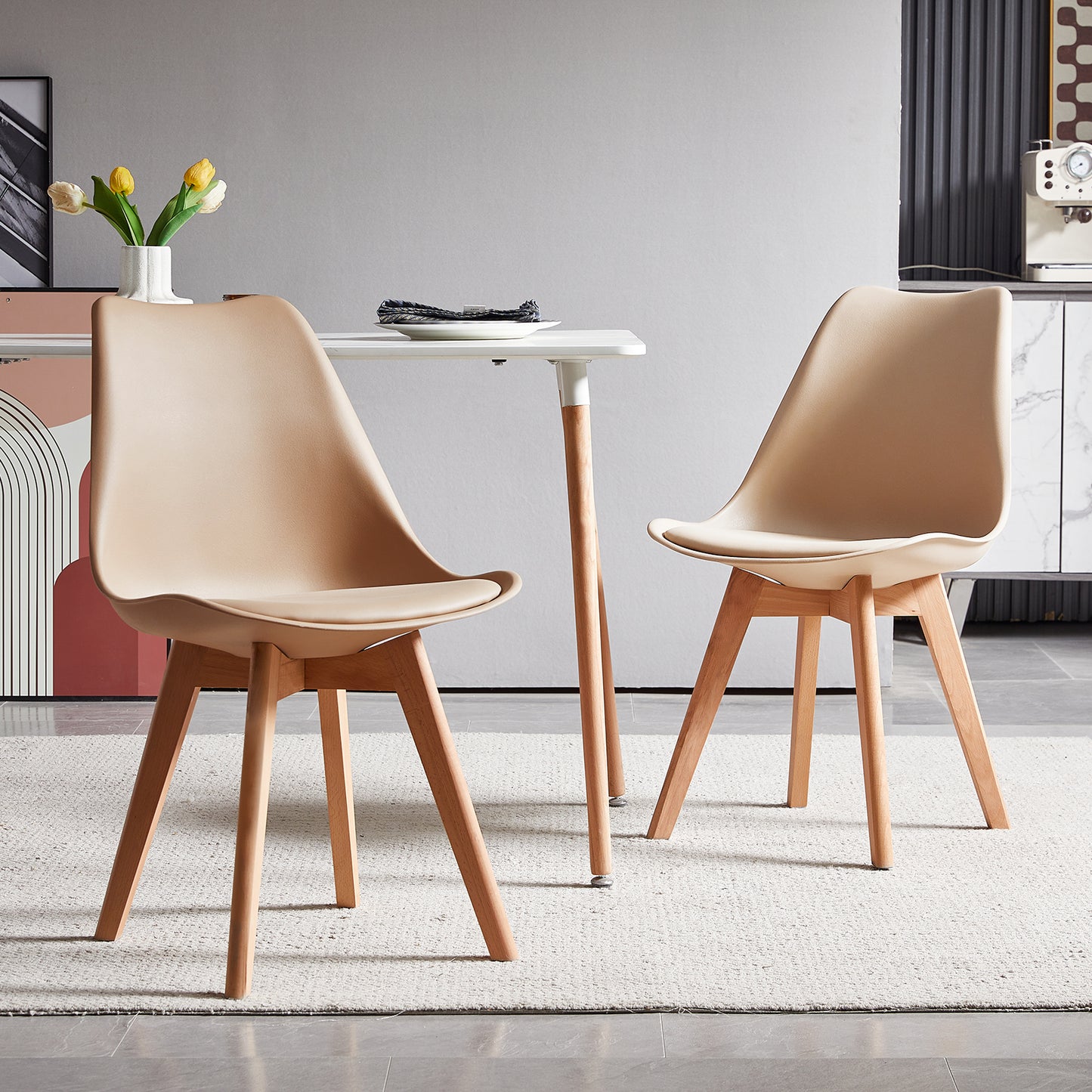 Lot de 2 Chaises de Cuisine Rétro Rembourrée Chaise de Salle de Bureau, Pieds en Bois de Hêtre Massif--Kaki