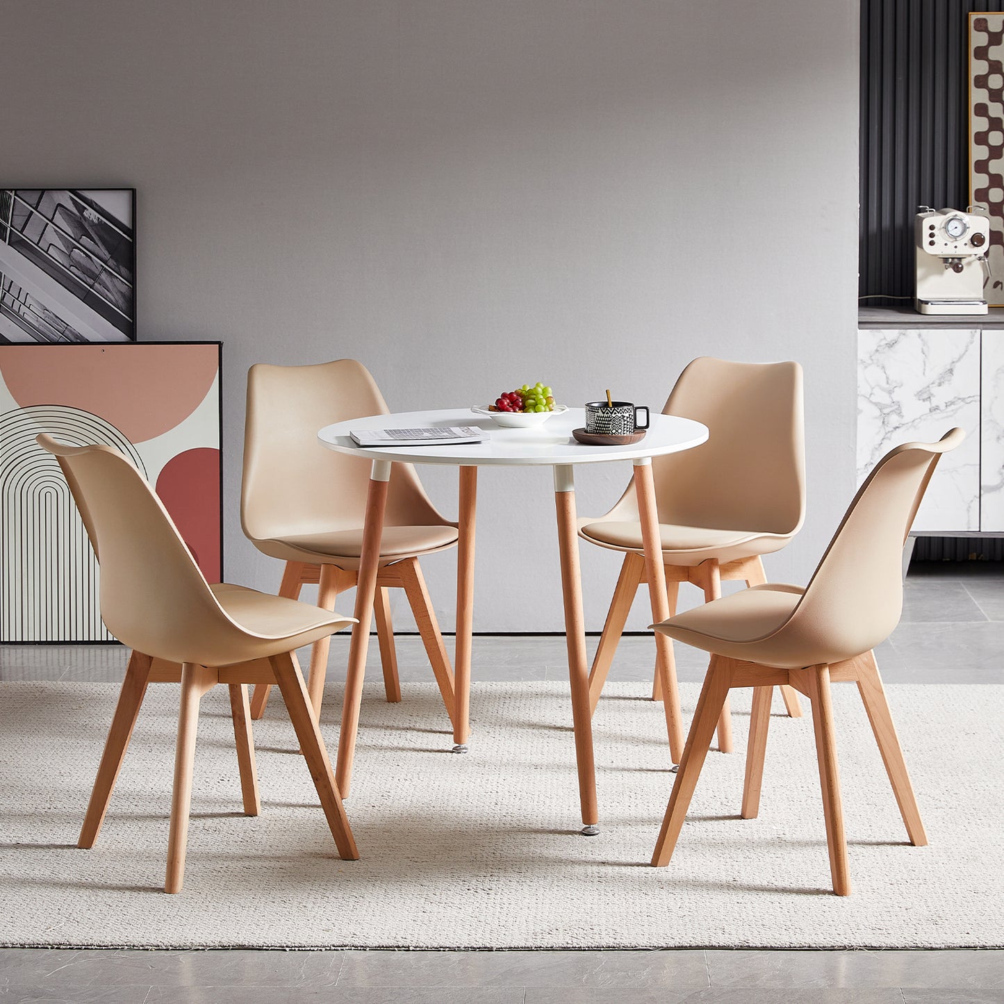 Lot de 4 Chaise de salle à manger de style nordique, Cuisine Rétro Rembourrée Chaise de Salle de Bureau, Pieds en Bois de Hêtre Massif--Kaki