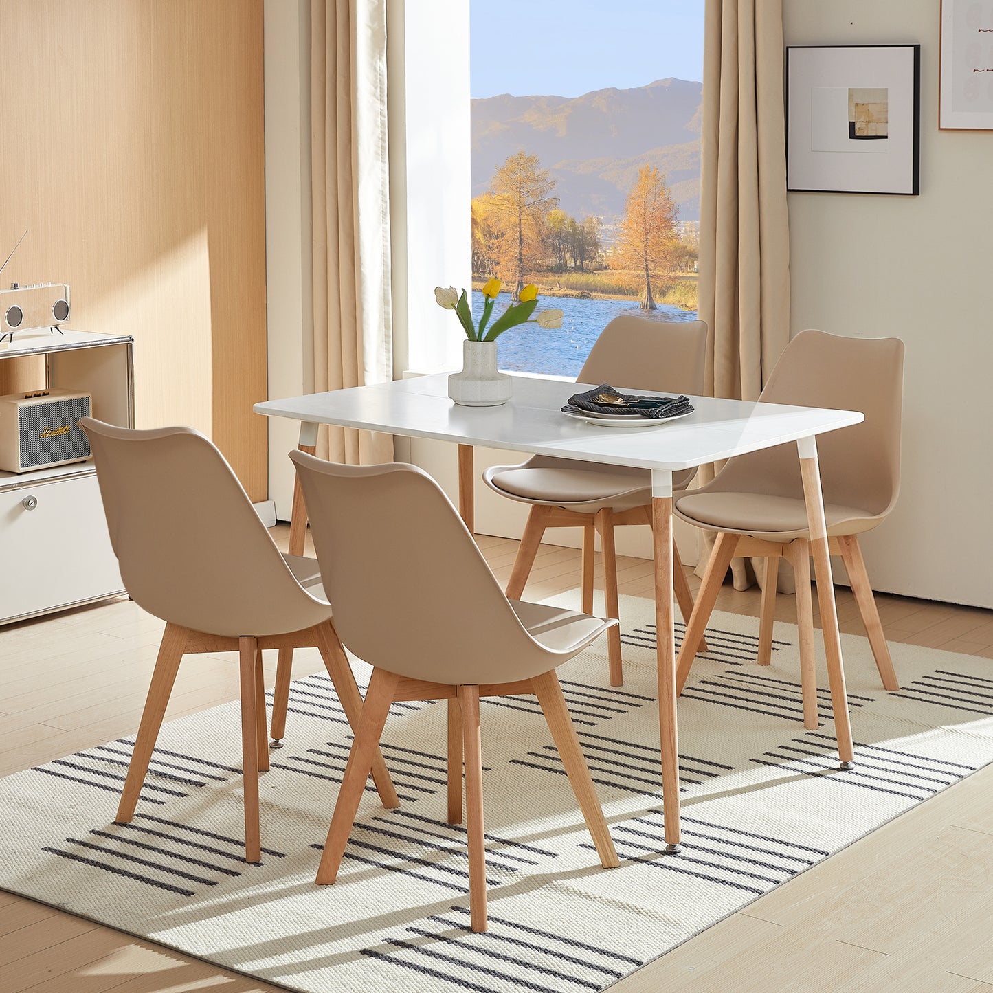 Lot de 4 chaises de salle à manger style nordique, chaise rétro rembourrée, pieds en bois de hêtre massif, kaki