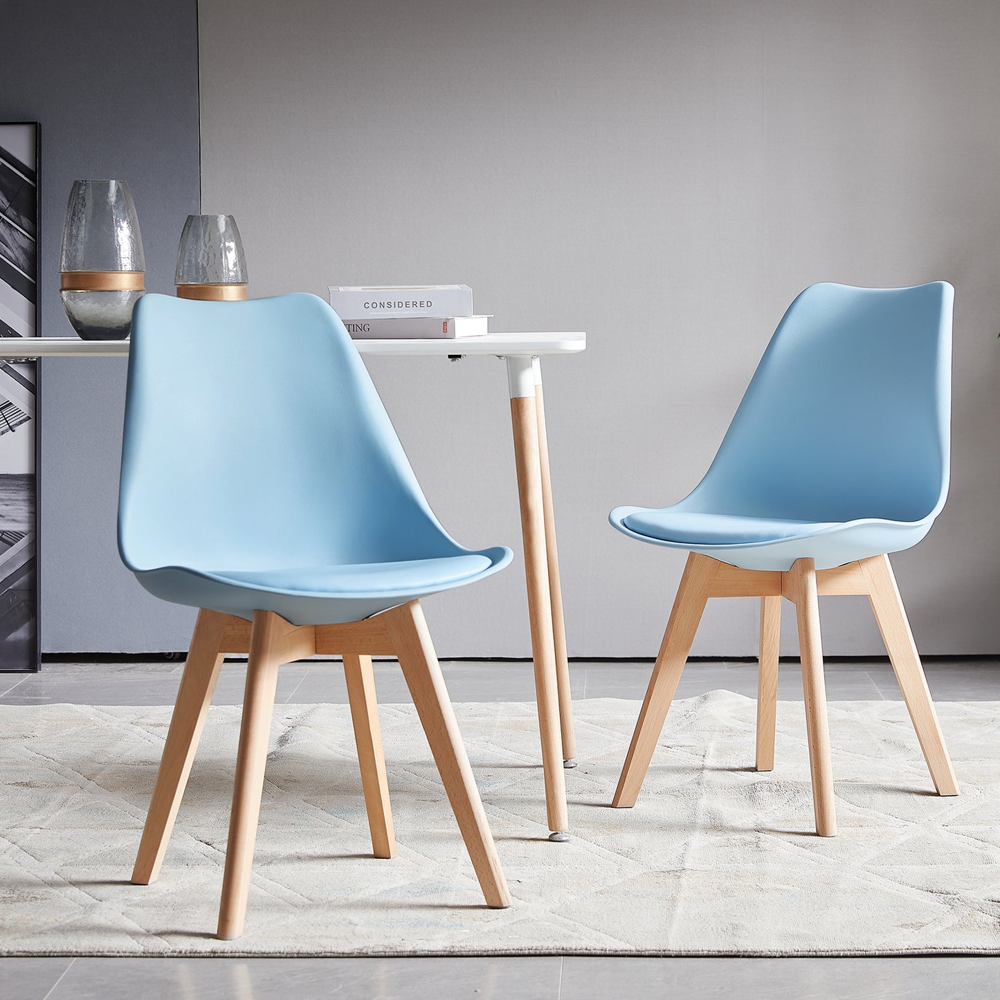 Lot de 2 Chaises de Cuisine Rétro Rembourrée Chaise de Salle de Bureau, Pieds en Bois de Hêtre Massif--Bleu clair