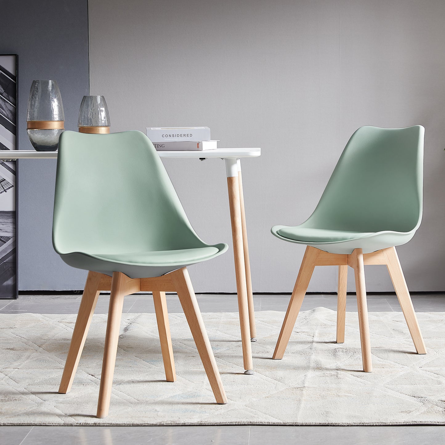 Lot de 2 Chaises de Cuisine Rétro Rembourrée Chaise de Salle de Bureau, Pieds en Bois de Hêtre Massif--Vert clair