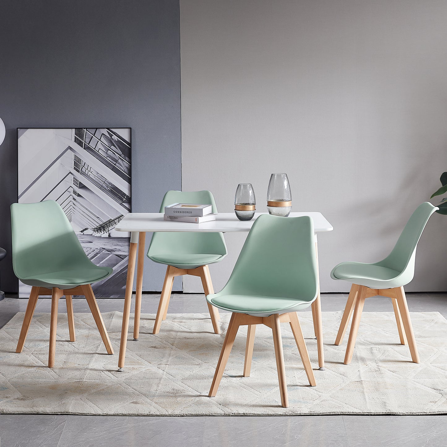 Lot de 4 Chaise de salle à manger de style nordique, Cuisine Rétro Rembourrée Chaise de Salle de Bureau, Pieds en Bois de Hêtre Massif--Vert clair