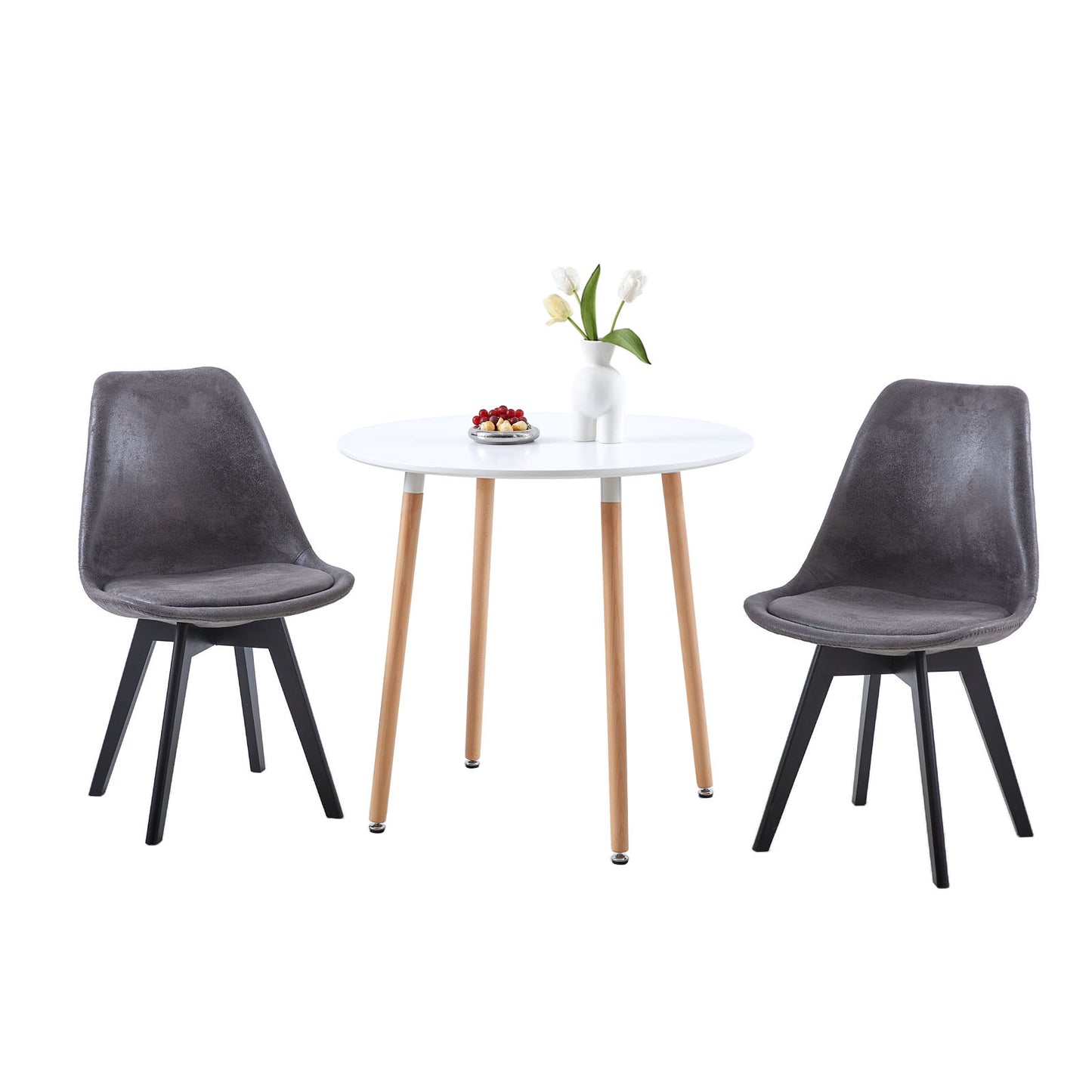Lot de 2 Chaises de Salle à Manger Scandinaves en Suède Leather, Chaises de Cuisine avec Rembourrés & Pieds en Bois Massif Peints en Noir, Gris Foncé