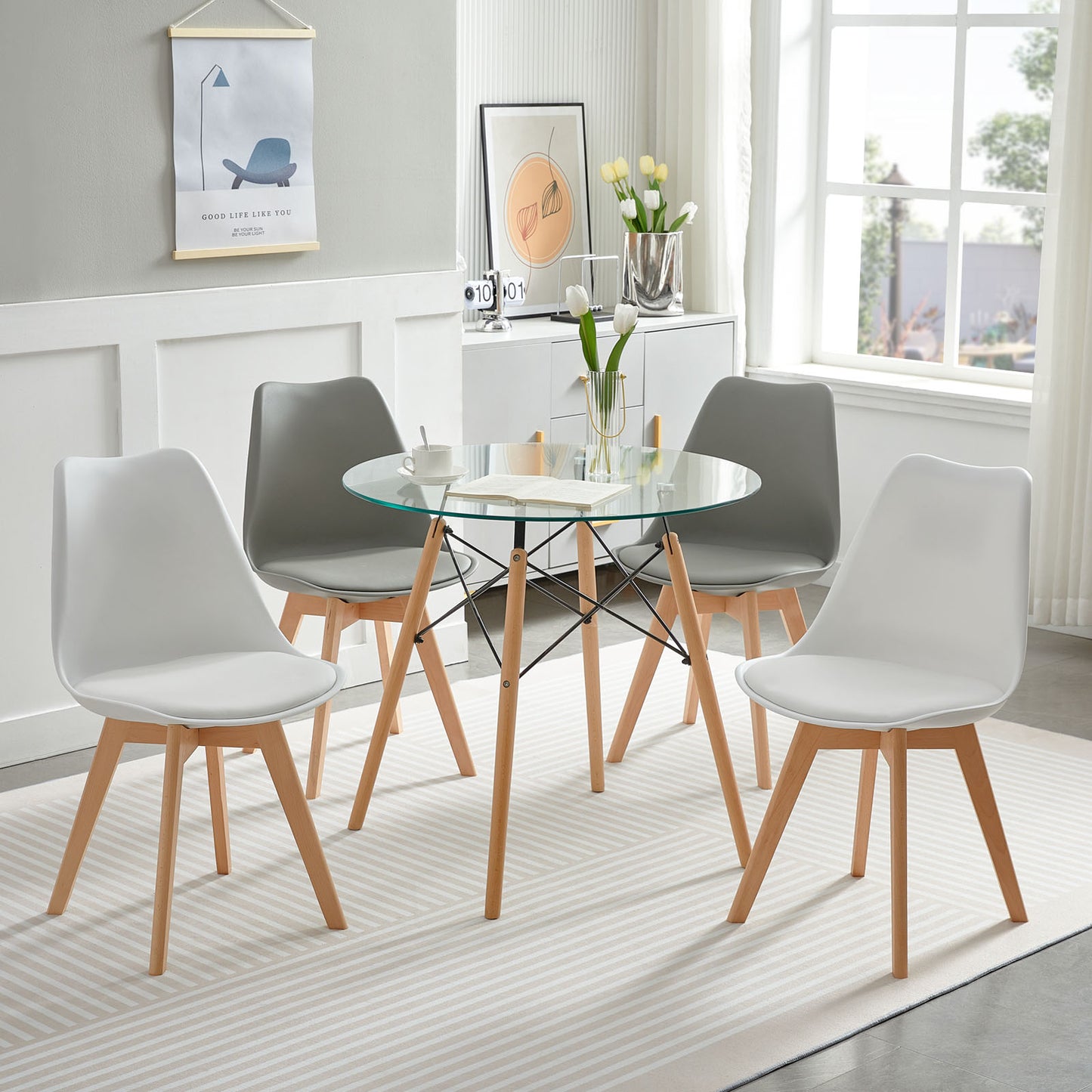 Lot de 4 chaises Scandinaves au design contemporain pour salle à manger - Mélange de couleurs 2 Blanc + 2 Gris