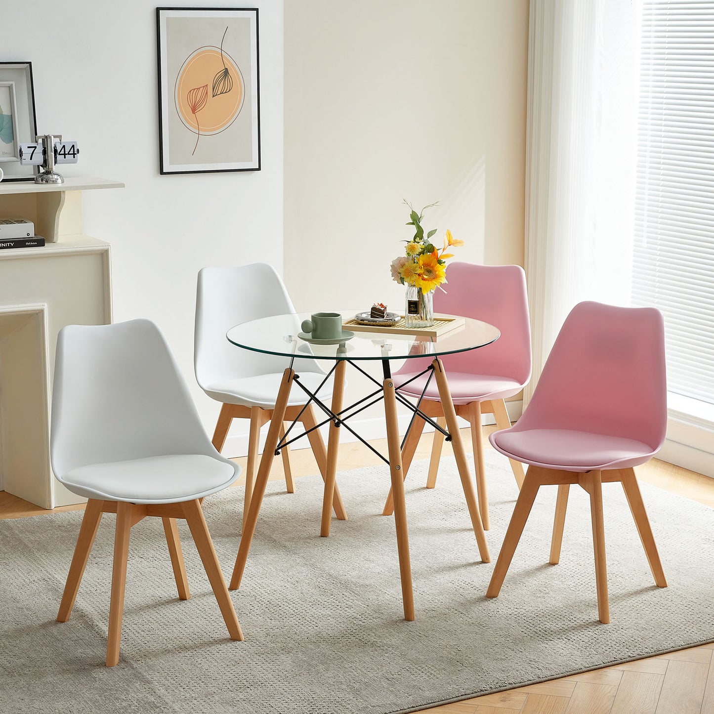 Lot de 4 Chaises de salle à manger PP avec pieds en hêtre - Blanc et Rose