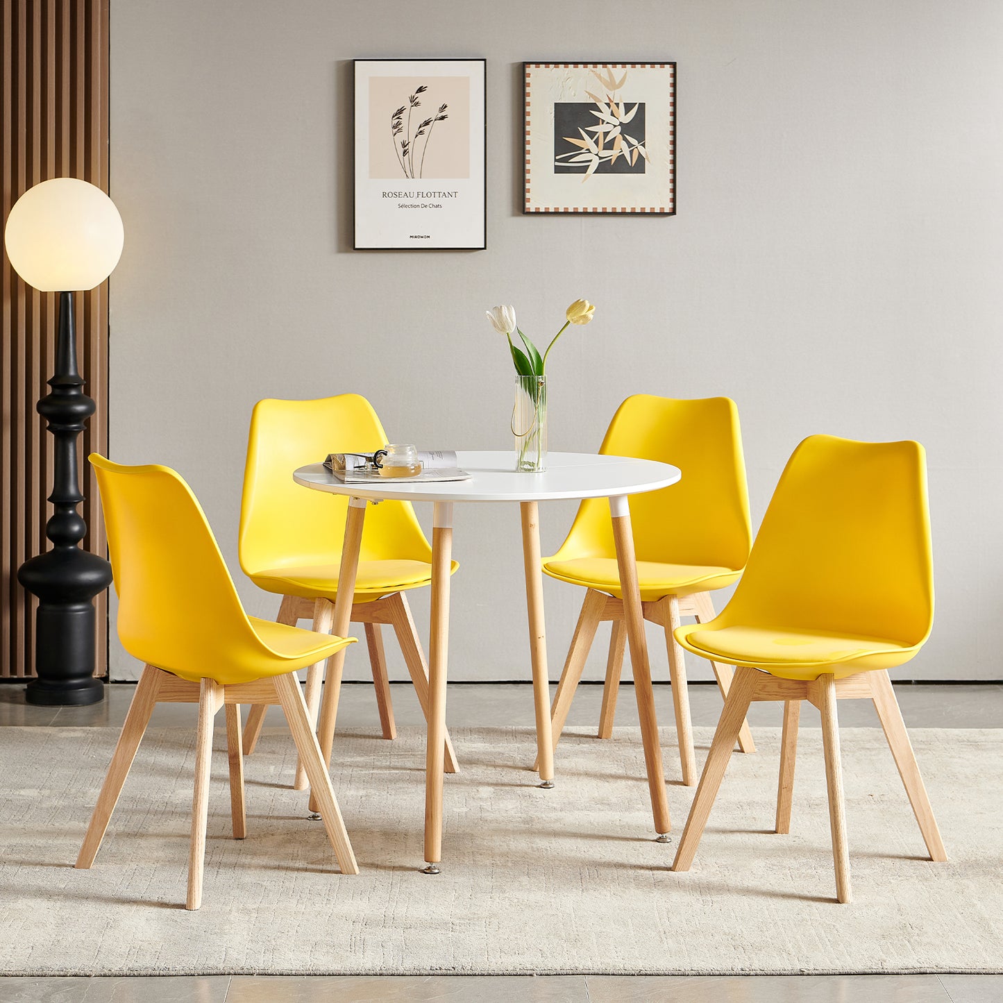 Lot de 4 chaises de cuisine en a manger design contemporain scandinave pieds bois de chene - Jaune