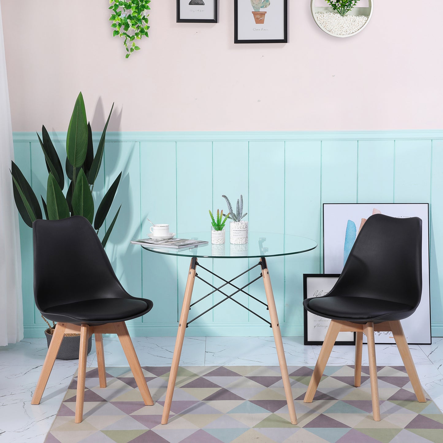 Ensemble de Table et Chaises Scandinave - Table Ronde en Verre avec Pieds en Bois et 2 Chaises Noires au Design Épuré, Dimensions 54x54x82cm