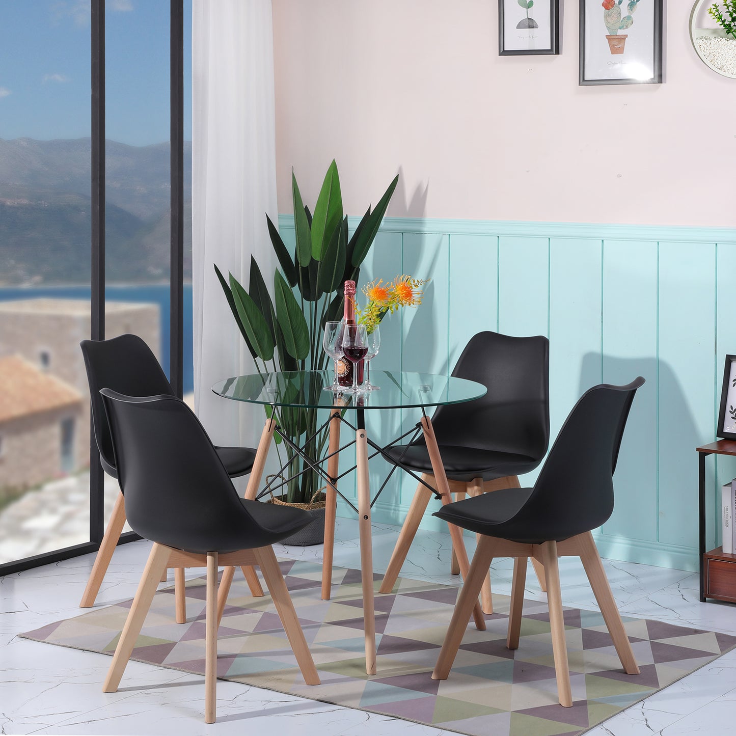 Ensemble de Table et Chaises Scandinave - Table Ronde en Verre avec Pieds en Bois et 4 Chaises Noires au Design Épuré, Dimensions 54x54x82cm