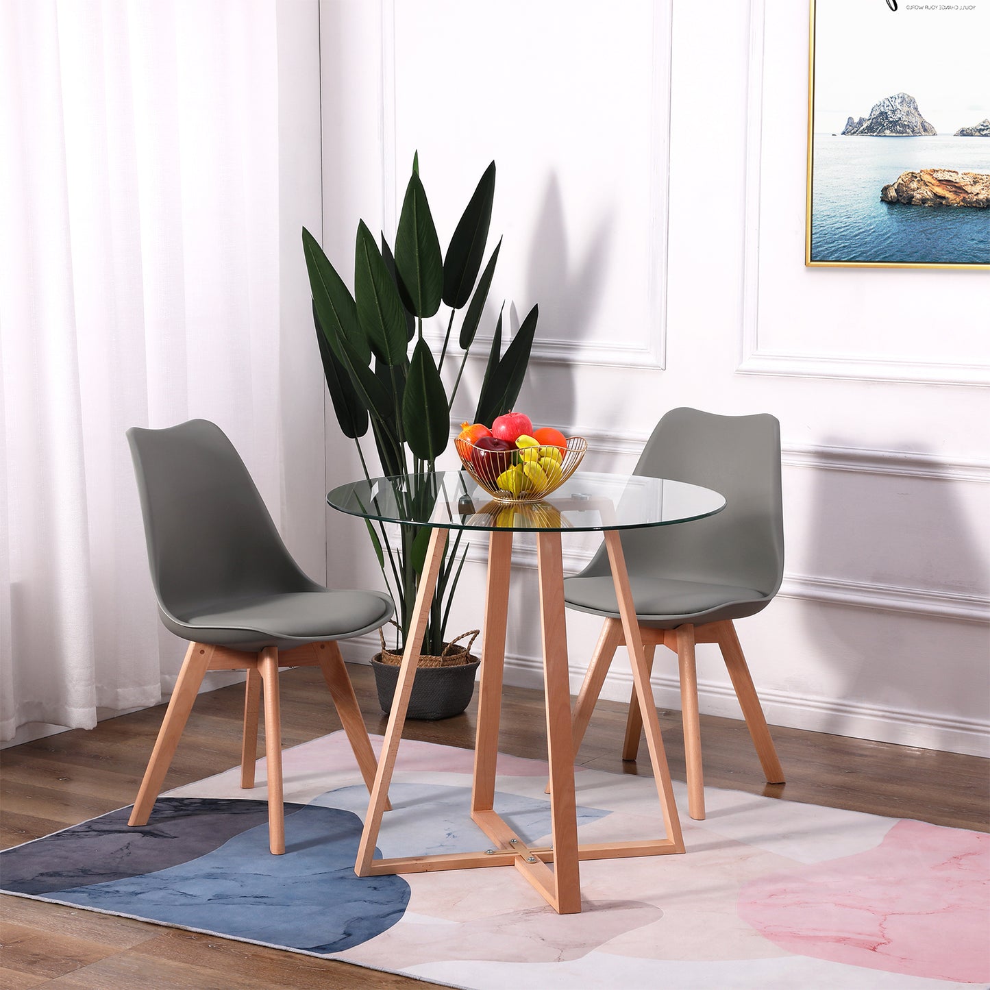 Ensemble de Table et Chaises Scandinave - Table Ronde en Verre avec Pieds en Bois et 2 Chaises Grises au Design Épuré, Dimensions 54x54x82cm