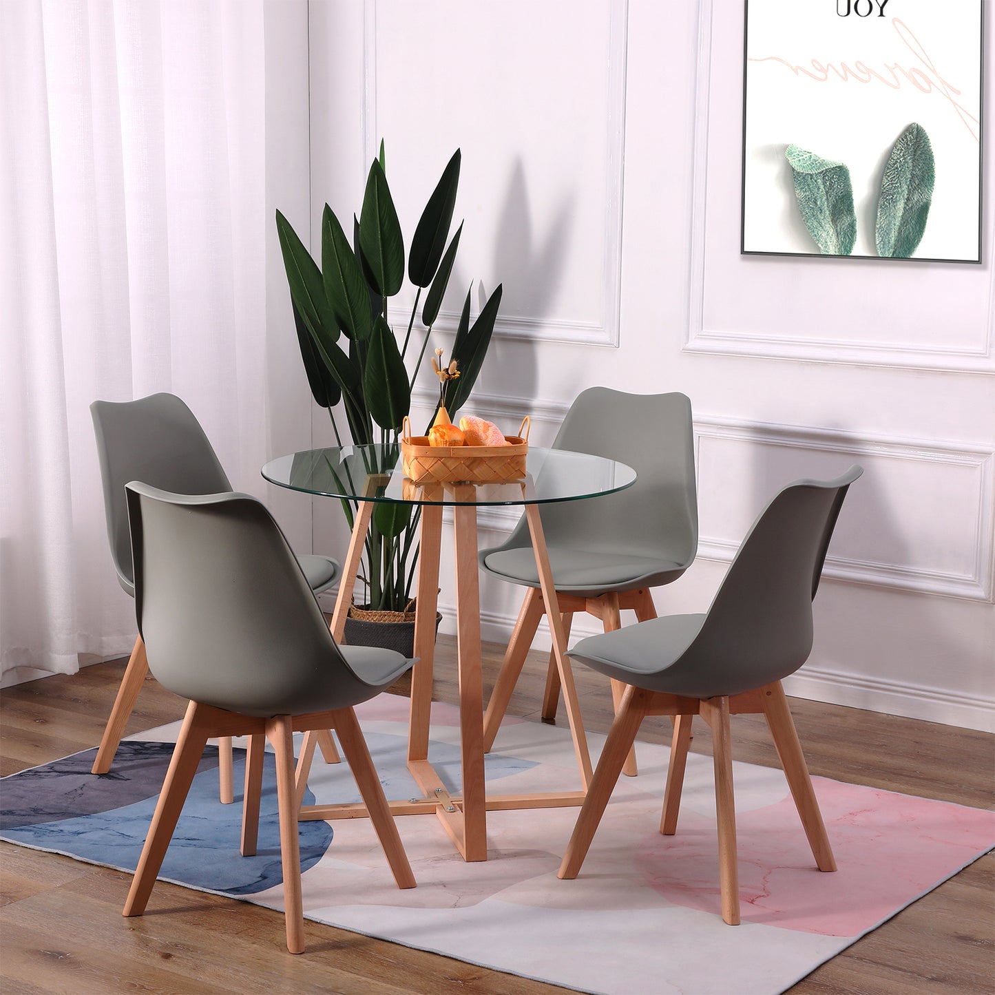 Ensemble de Table et Chaises de Style Scandinave - Table Ronde Transparente Φ80*75cm et 4 Chaises Grises Élégantes 46x43x83cm