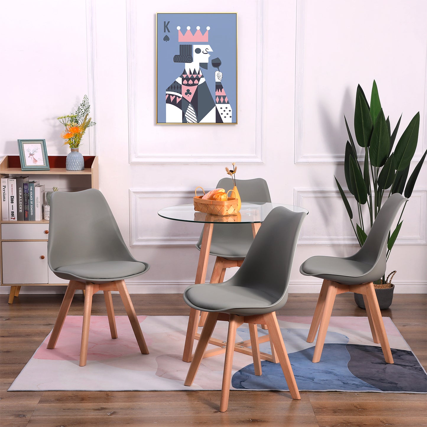 Ensemble de Table et Chaises de Style Scandinave - Table Ronde Transparente Φ80*75cm et 4 Chaises Grises Élégantes 46x43x83cm