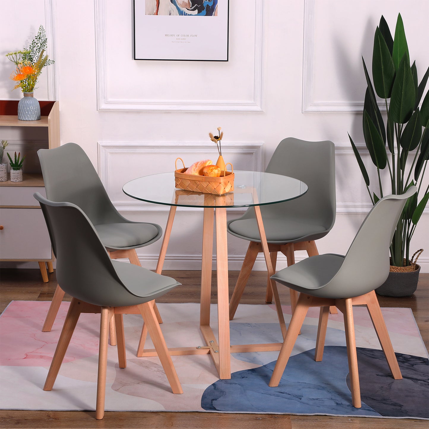 Ensemble de Table et Chaises de Style Scandinave - Table Ronde Transparente Φ80*75cm et 4 Chaises Grises Élégantes 46x43x83cm