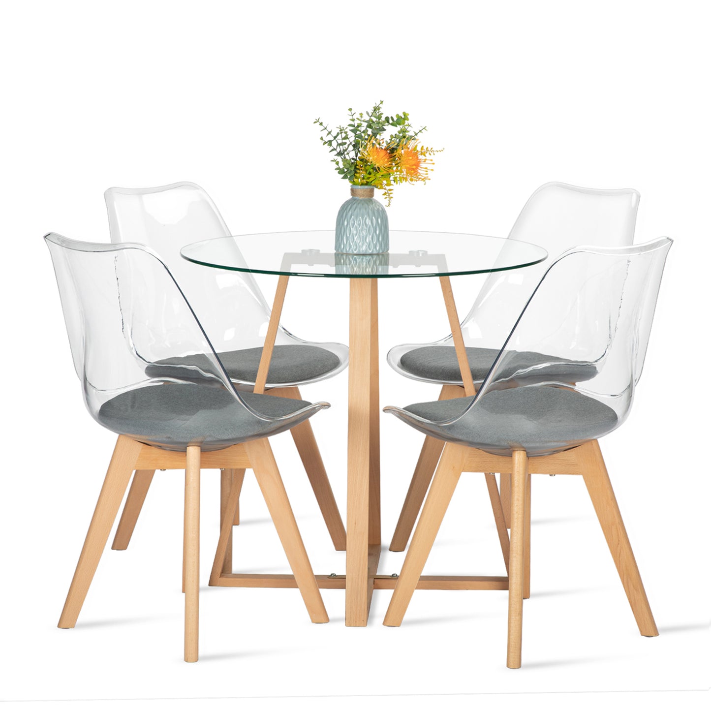 Ensemble de Table et Chaises Scandinave pour 2 à 4 Personnes - Table Ronde en Verre à Pieds en Bois et Lot de 4 Chaises Transparentes au Design Épuré