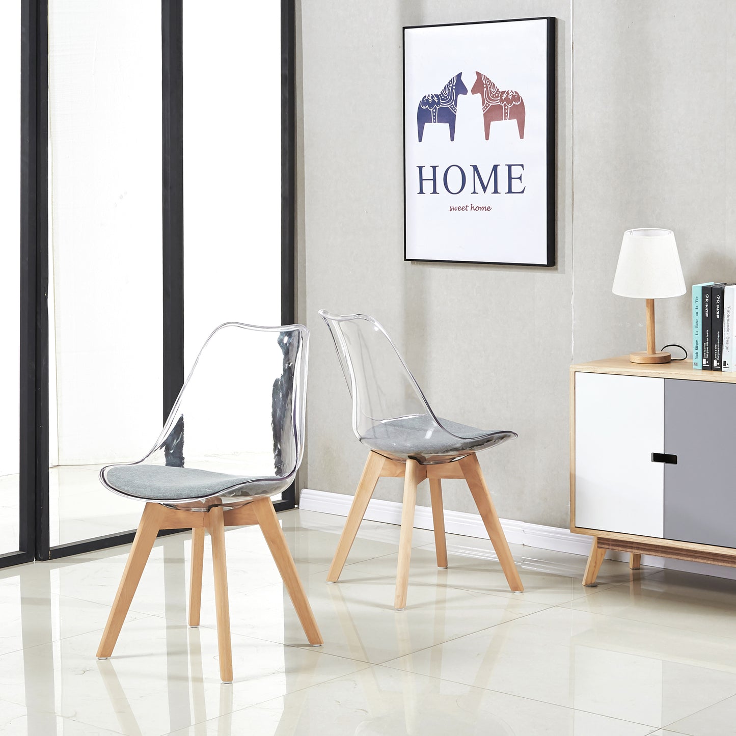 Lot de 2 Chaises Transparentes Scandinave pour Salle a Manger avec Coussin en Tissu et Pieds de Hetre