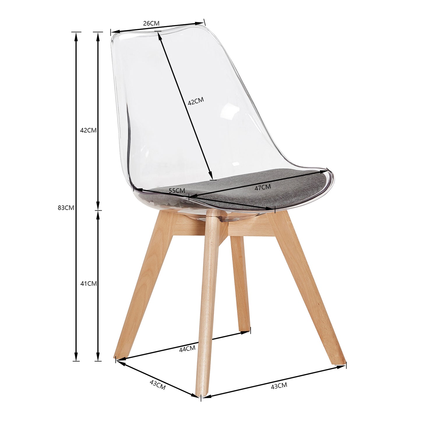 Lot de 4 Chaises Scandinaves Transparentes pour Salle à Manger avec Coussins en Tissu et Pieds en Hêtre