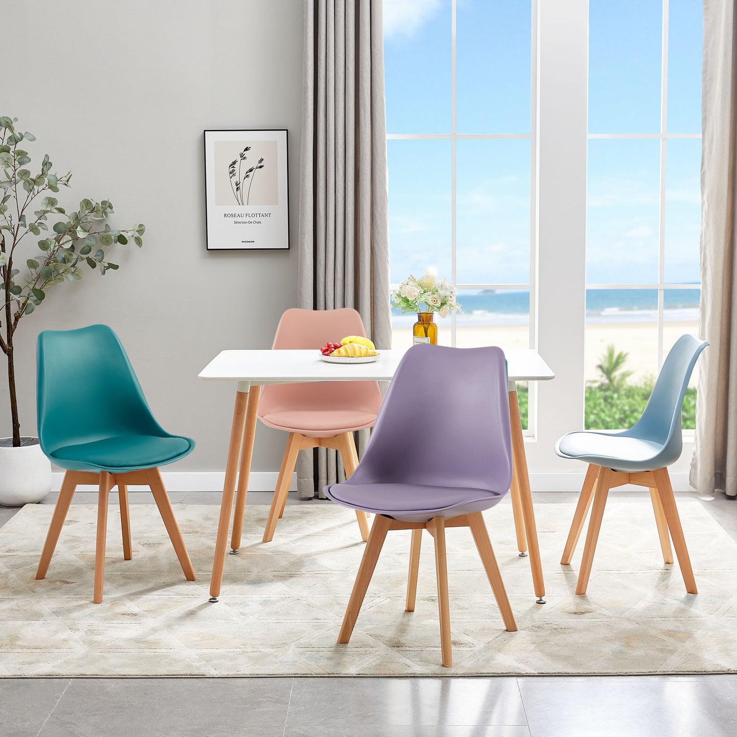 Lot de 4 Chaises Rétro Rembourrées pour Salle à Manger, Cuisine, Bureau, Pieds en Bois de Hêtre Massif - Couleurs Mélangées