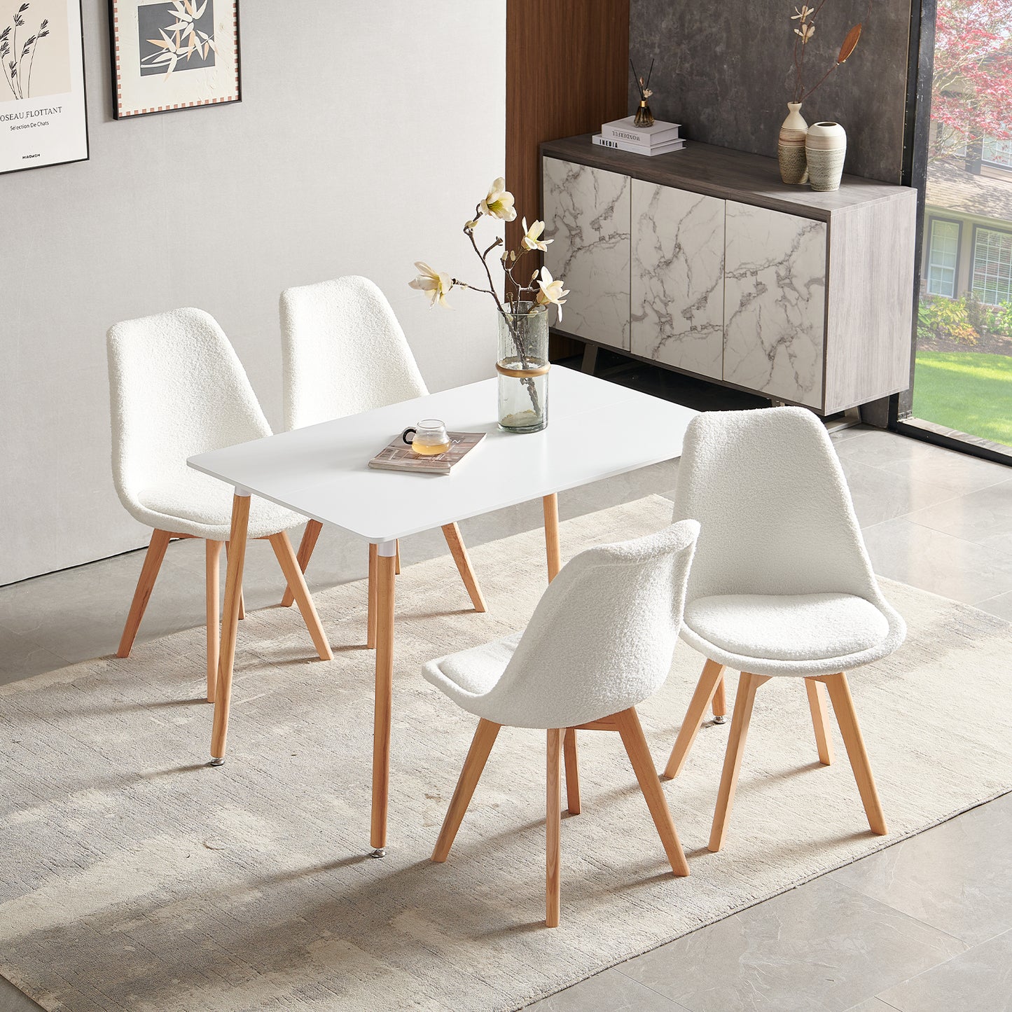 Chaise Lot de 4, Nordique en Peluche d'agneau,Chaise de Cuisine avec Pieds en HêTre Massif et Coussin en Laine d'agneau,Blanc