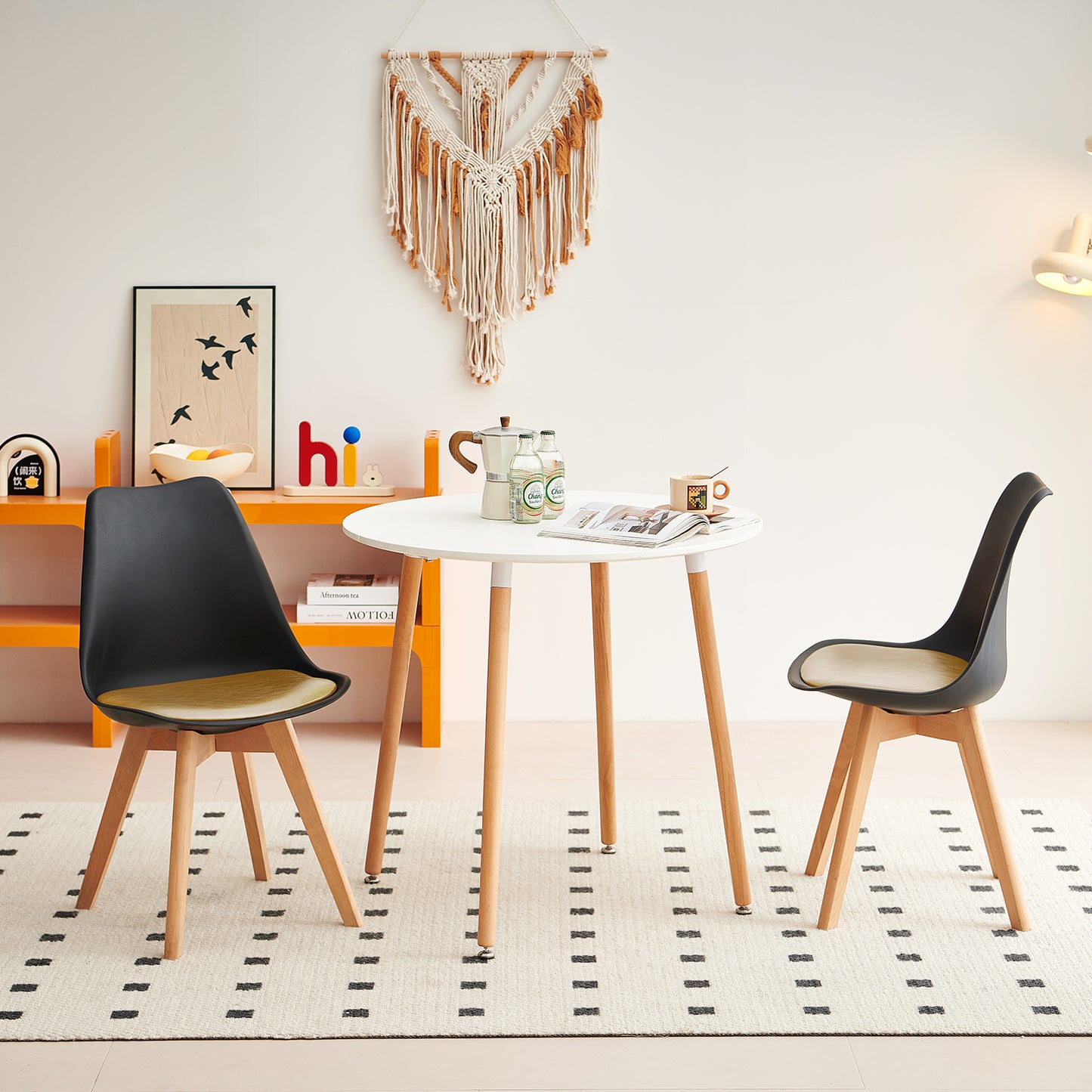 Lot de 2 Chaises de Cuisine Rétro Rembourrée Chaise de Salle de Bureau, Pieds en Bois de Hêtre Massif--Noir+Or