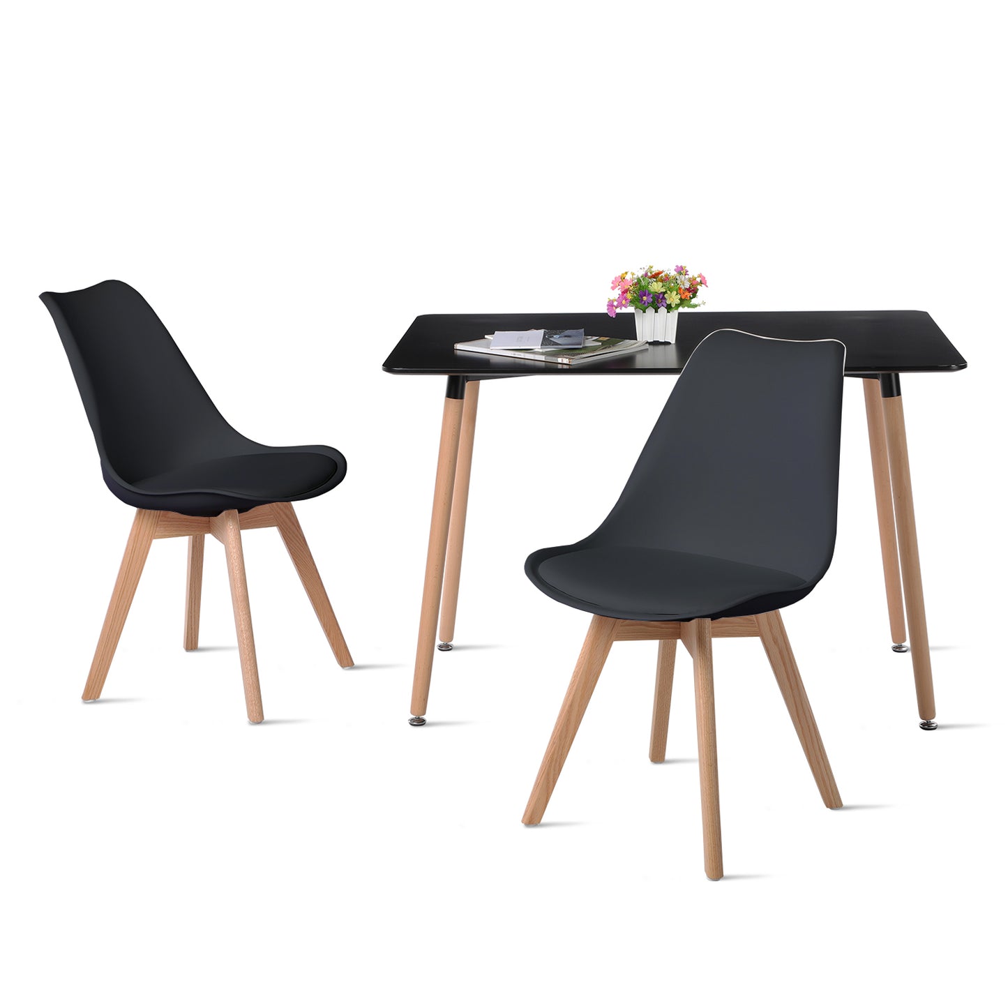 Lot de 2 chaises de cuisine en a manger design contemporain scandinave pieds bois de chene - Noir