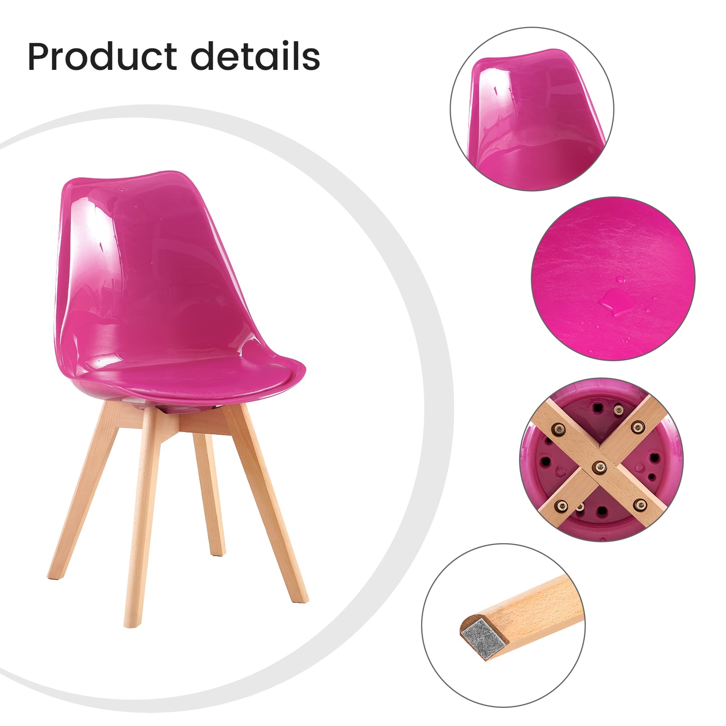 Chaise Lot de 4, chaises de bureau, chaises de vanité avec sièges rembourrés et pieds en hêtre massif pour salle à manger, salon, chambre, bureau, couleur violet vif