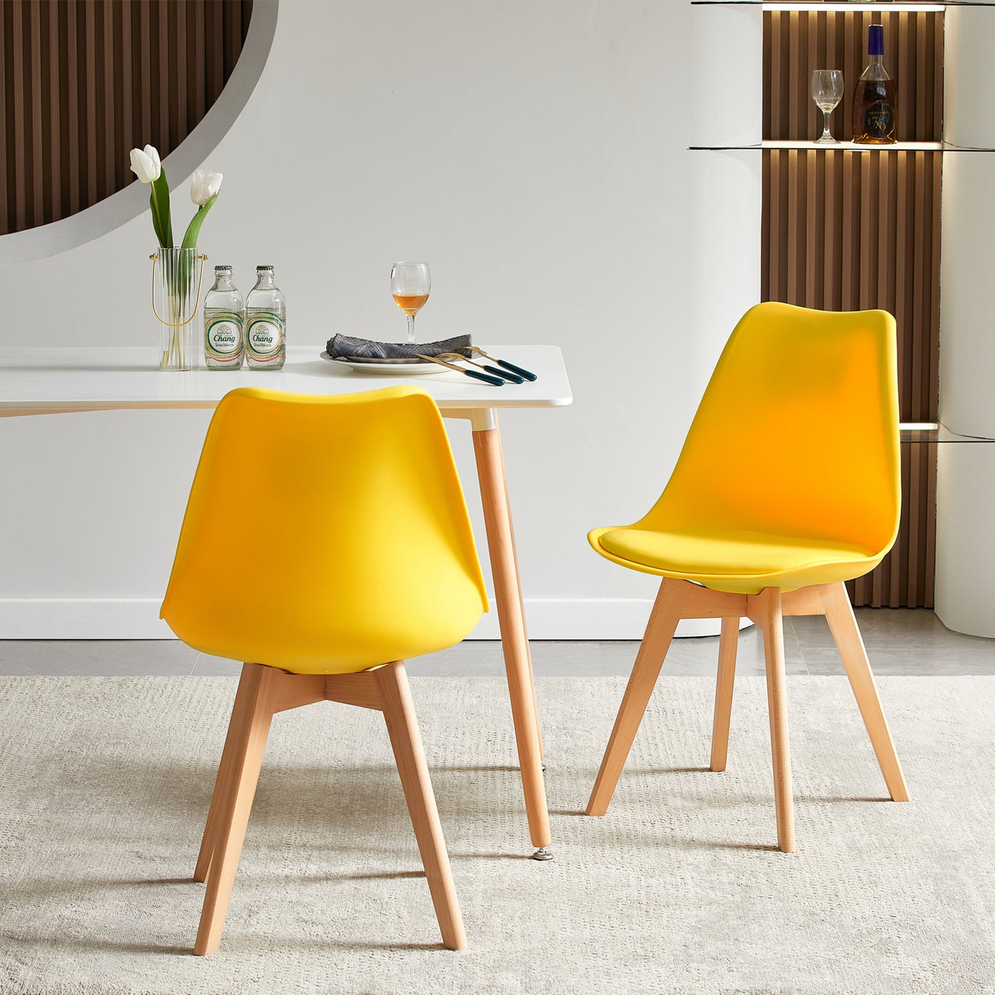 Lot de 4 chaises de salle à manger style nordique, chaise rétro rembourrée, pieds en bois de hêtre massif, jaune