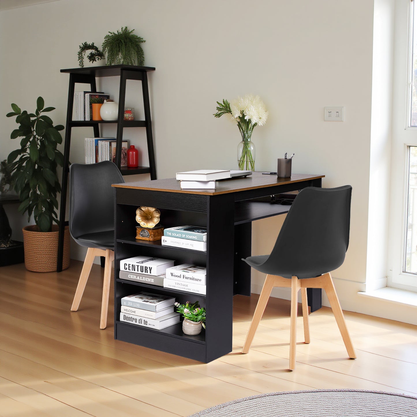 Bureau moderne avec prise électrique intégrée et ports USB, étagère réglable en hauteur, structure en MDF solide, 110 x 60 x 78 cm, charge maximale 50 kg, facile à nettoyer, noyer et noir, idéal pour espace de travail