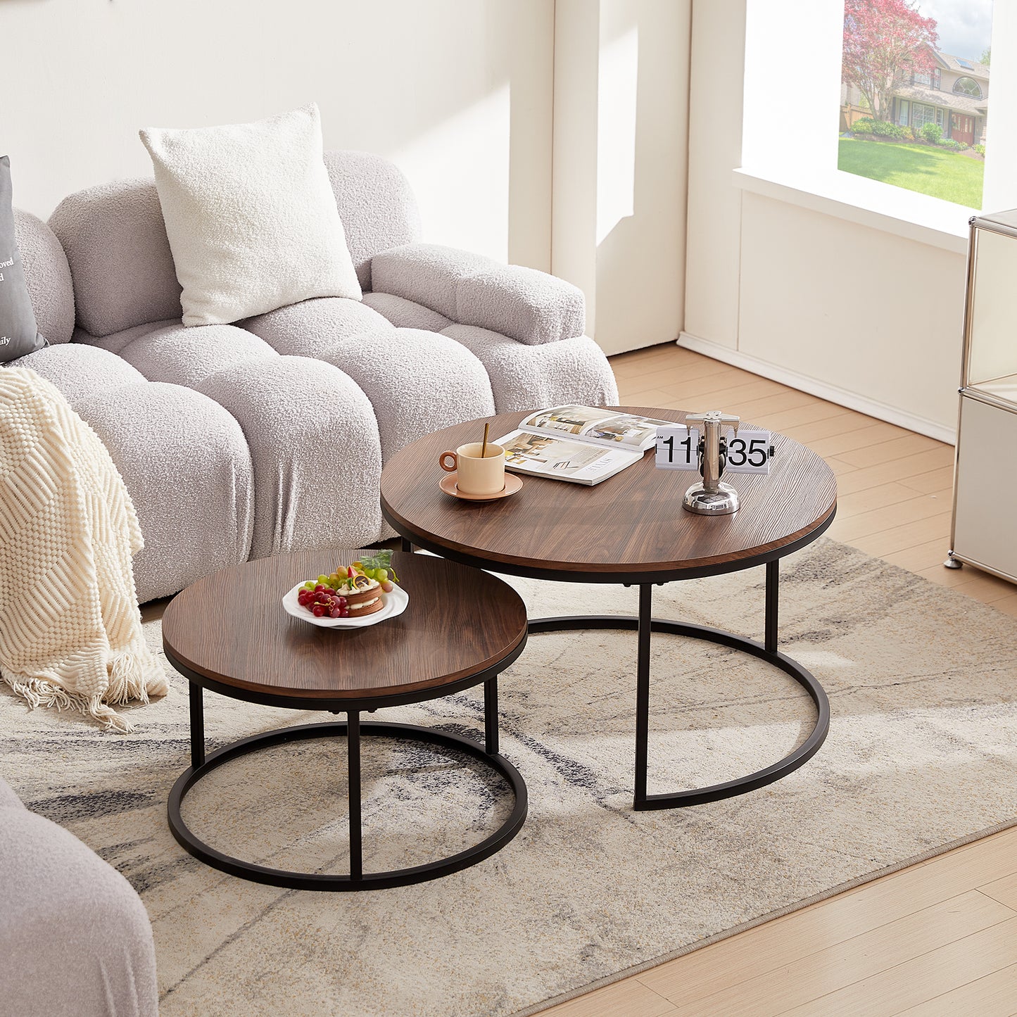 Lot de 2 table basse scandinave-table basse gigogne Ronde-table salon-80x45cm/60x35cm-couleur Marron