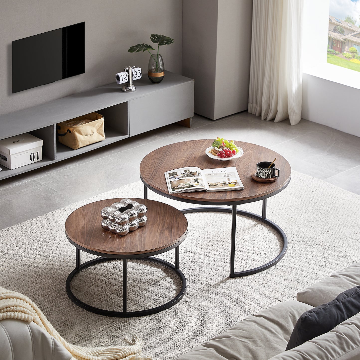 Lot de 2 table basse scandinave-table basse gigogne Ronde-table salon-80x45cm/60x35cm-couleur Marron