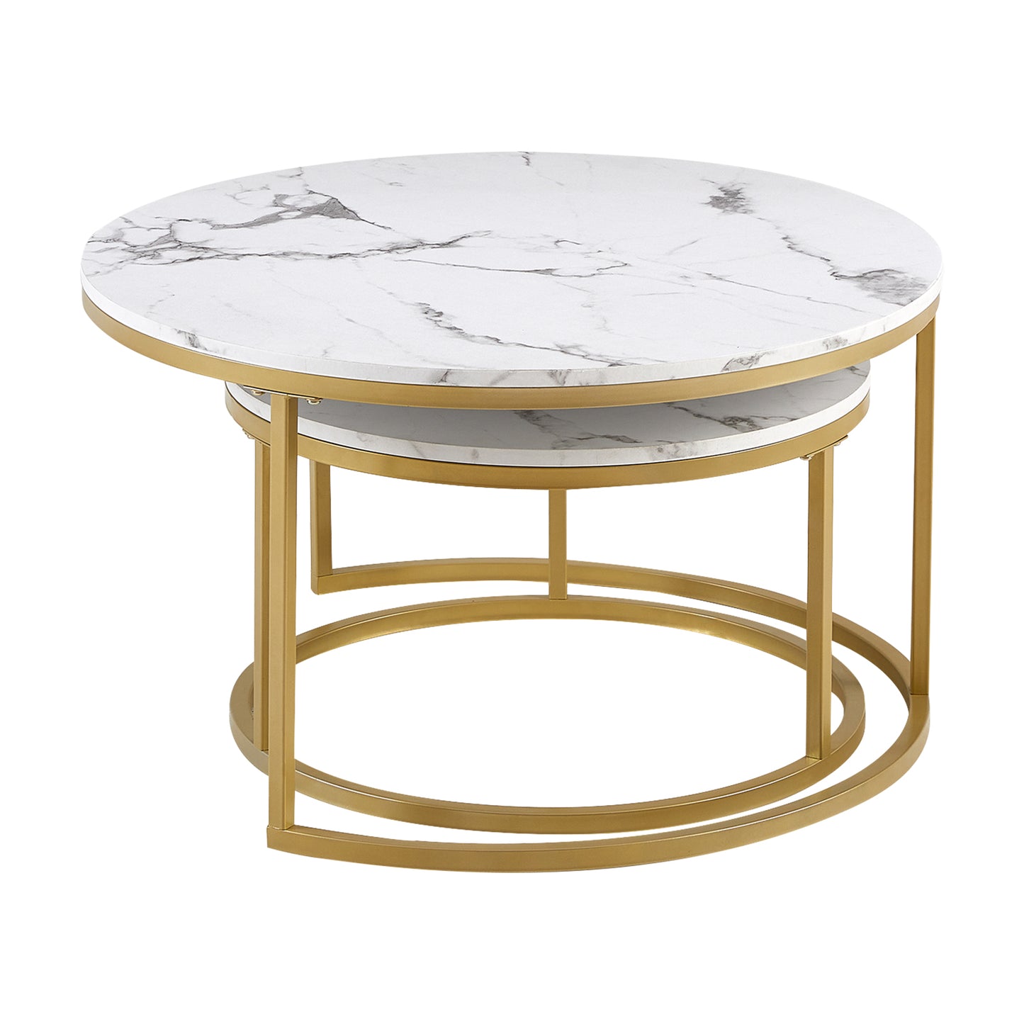 Lot de 2 table basse marbre-table basse gigogne Ronde-table salon-80x45cm/60x35cm-cadre en métal doré