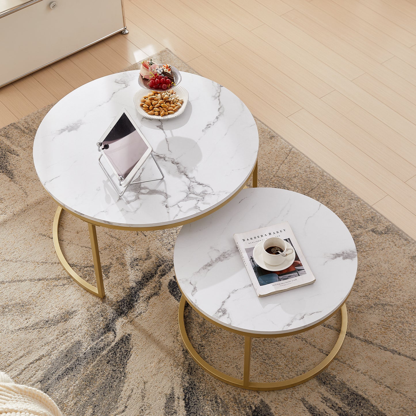 Lot de 2 table basse marbre-table basse gigogne Ronde-table salon-80x45cm/60x35cm-cadre en métal doré