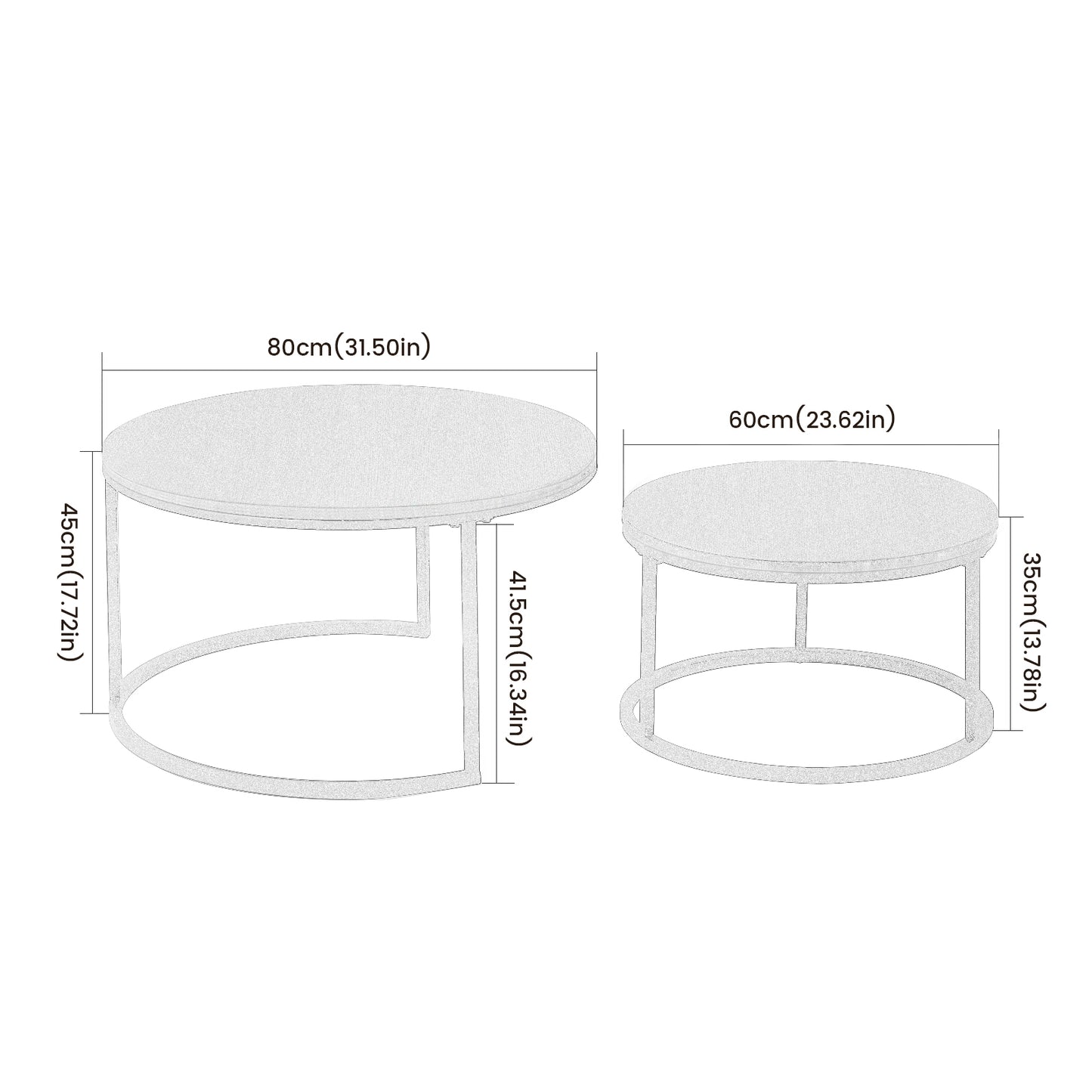 Lot de 2 table basse marbre-table basse gigogne Ronde-table salon-80x45cm/60x35cm-cadre en métal doré