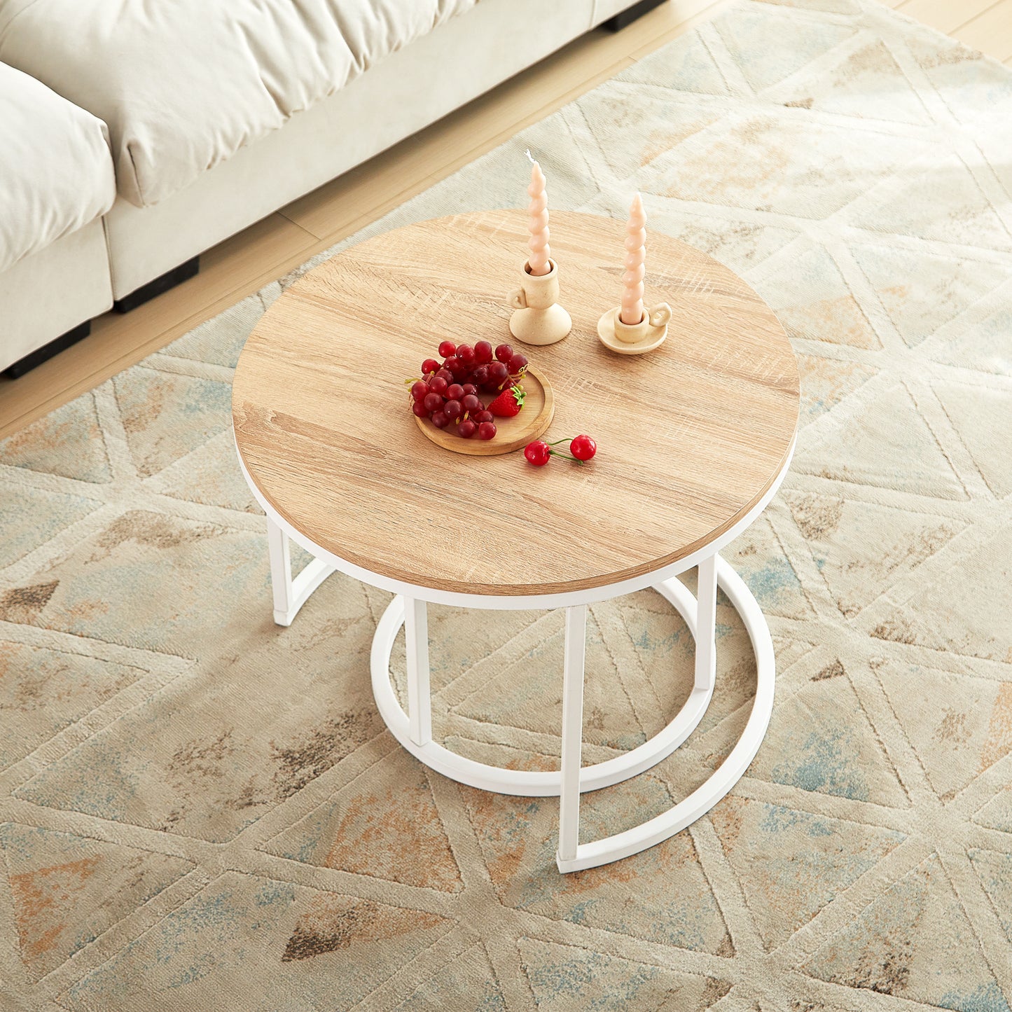 Lot de 2 Tables Basses Gigognes Style Scandinave - Tables Basses Rondes pour Salon - 60 x 45 cm et 40 x 35 cm - Couleur Chêne