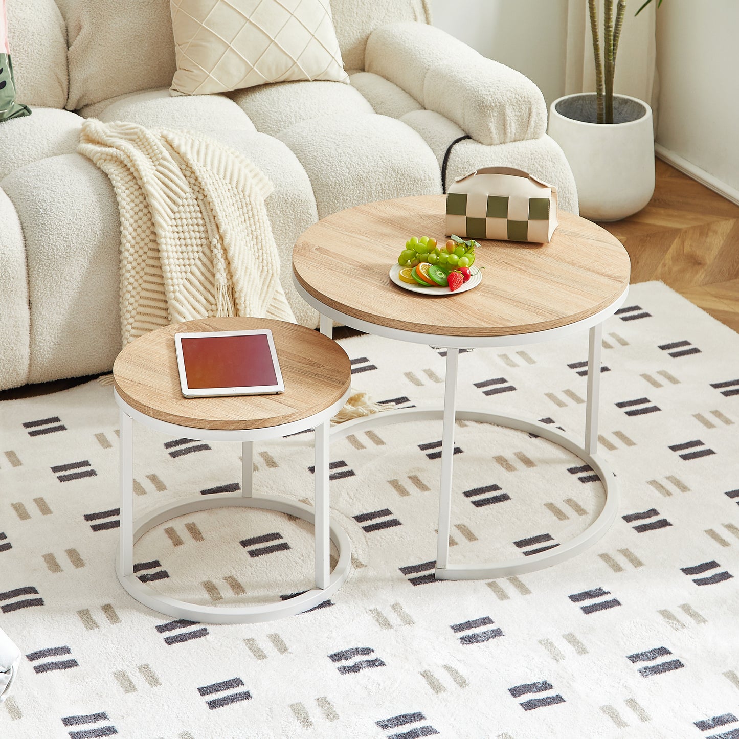 Lot de 2 Tables Basses Gigognes Style Scandinave - Tables Basses Rondes pour Salon - 60 x 45 cm et 40 x 35 cm - Couleur Chêne