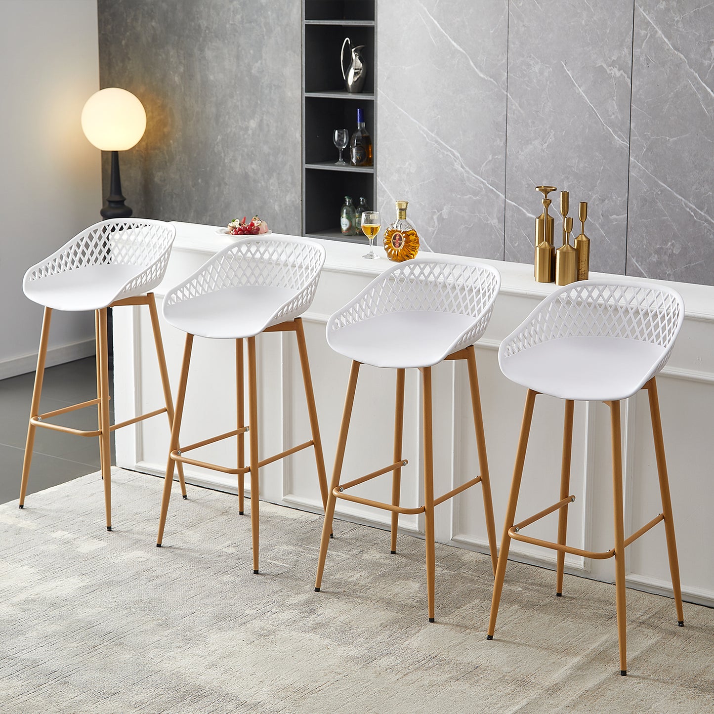 Lot de 4 tabourets de bar avec dossier, chaises de bar d'extérieur résistantes aux intempéries, large assise avec pieds en métal, blanc