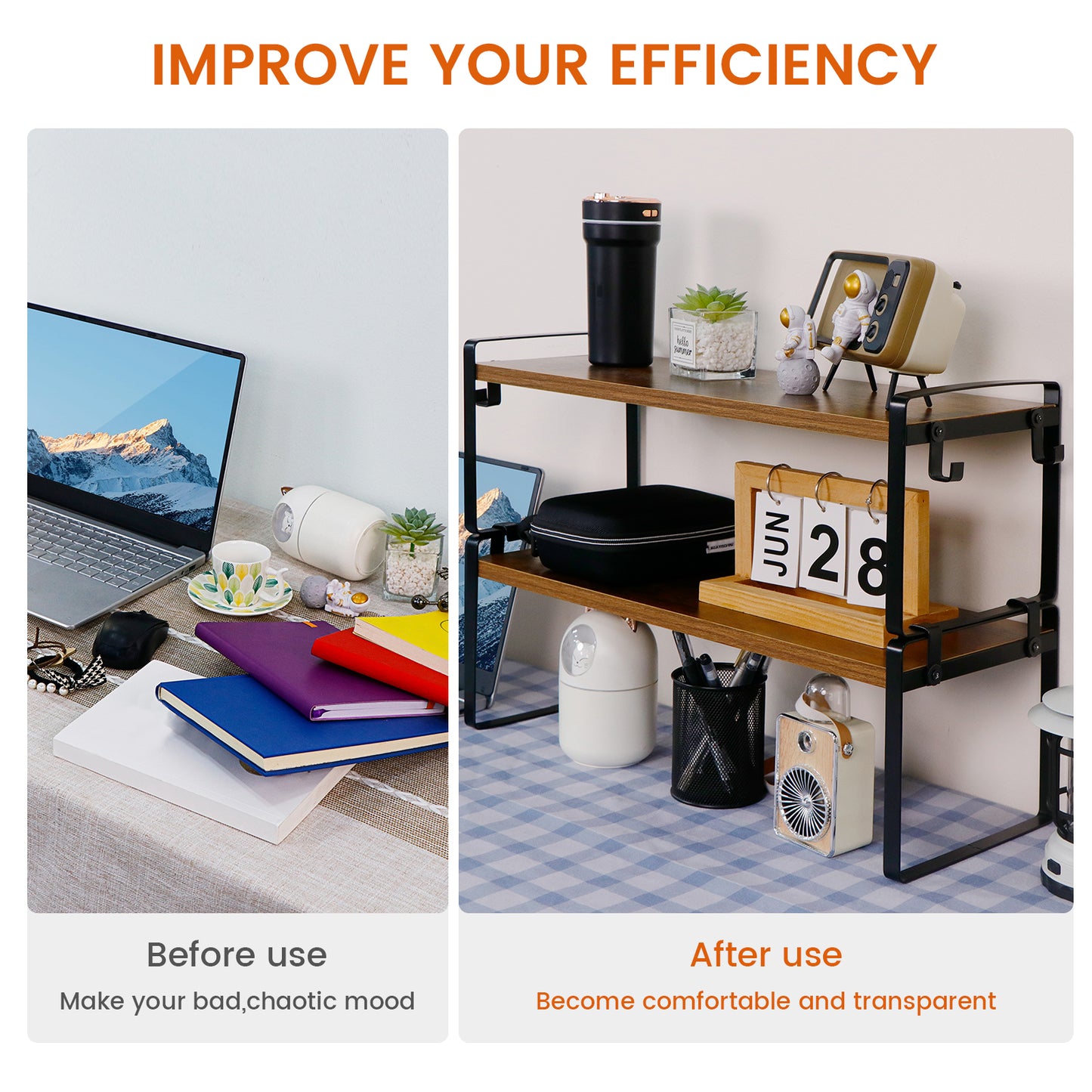 Étagère à 2 niveaux avec 8 crochets en fer, Organiseur de rangement polyvalent et robuste pour cuisine, 40x20x18 cm--Marron