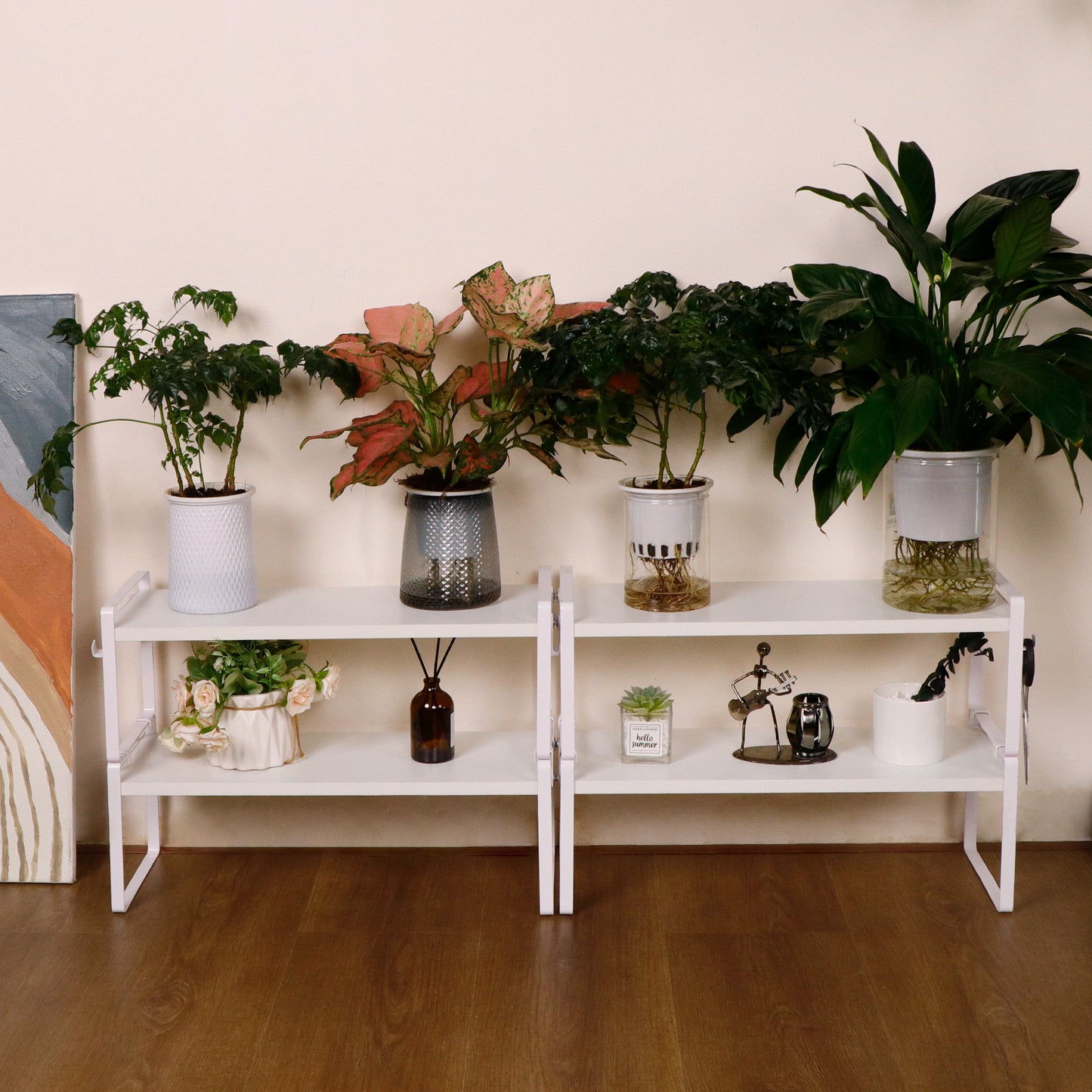 Étagère à 2 niveaux avec 8 crochets en fer, Organiseur de rangement polyvalent et robuste pour cuisine, 40x20x18 cm--Blanc