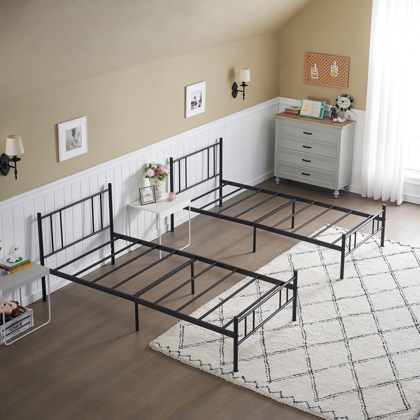 Lot de 2 Lit simple, Structure de lit en métal, pour matelas de 90x190 cm, Sommier inclus, Noir