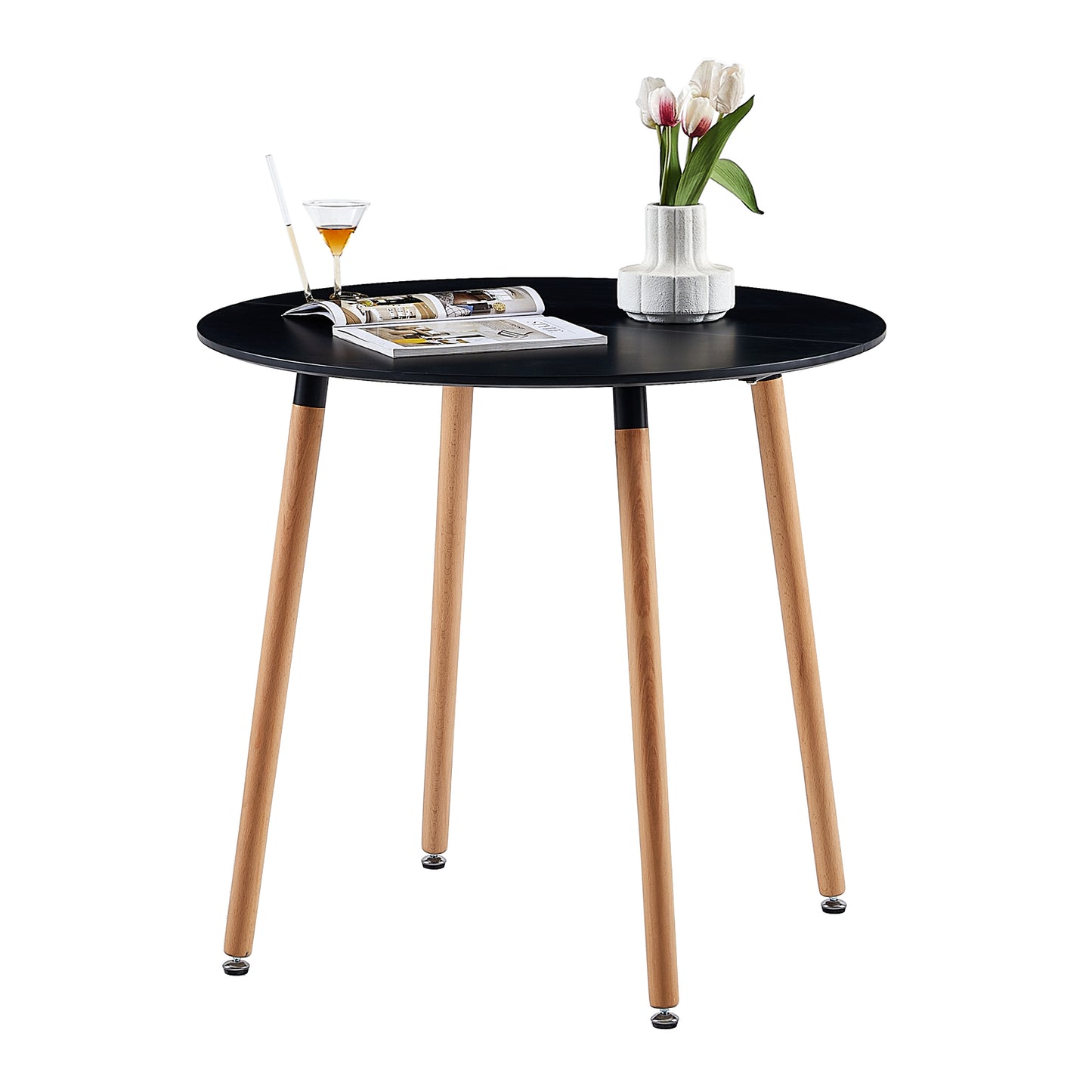 Table à Manger Ronde Moderne Laquée Noir Mat pour 2 à 4 Personnes - Pieds en Hêtre - 80 x 80 x 73 cm