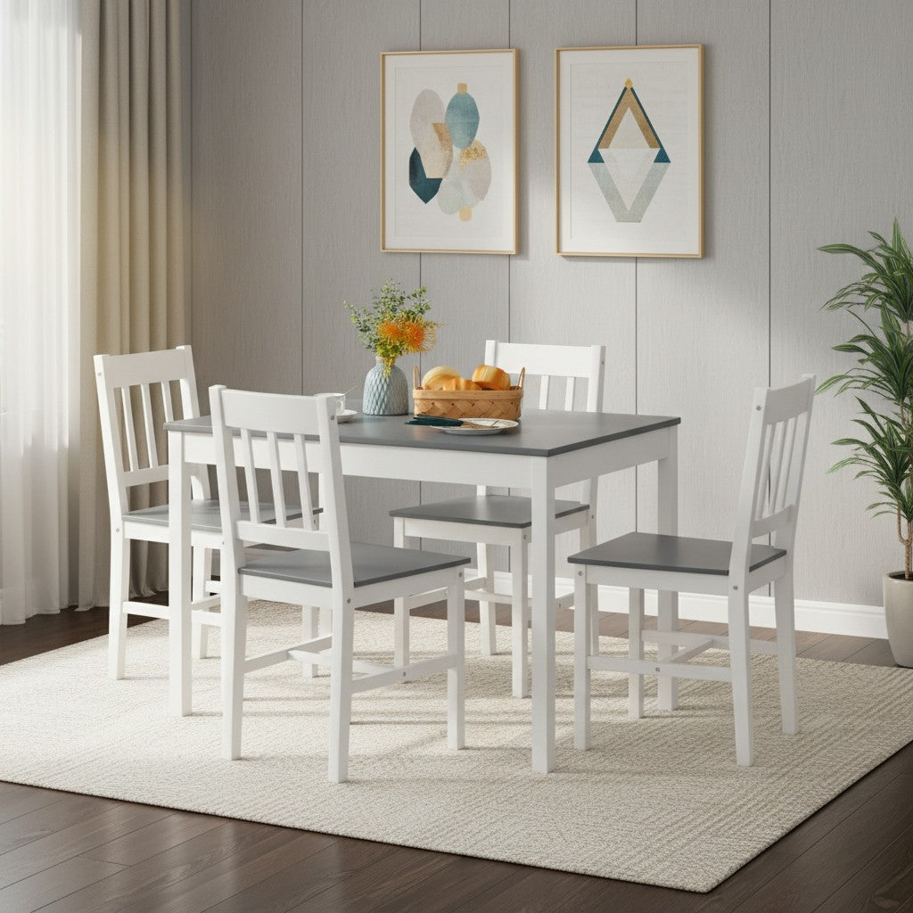 Ensemble de Table et Chaises en Pin Pur - 1 Table et 4 Chaises Assorties Gris et Blanc