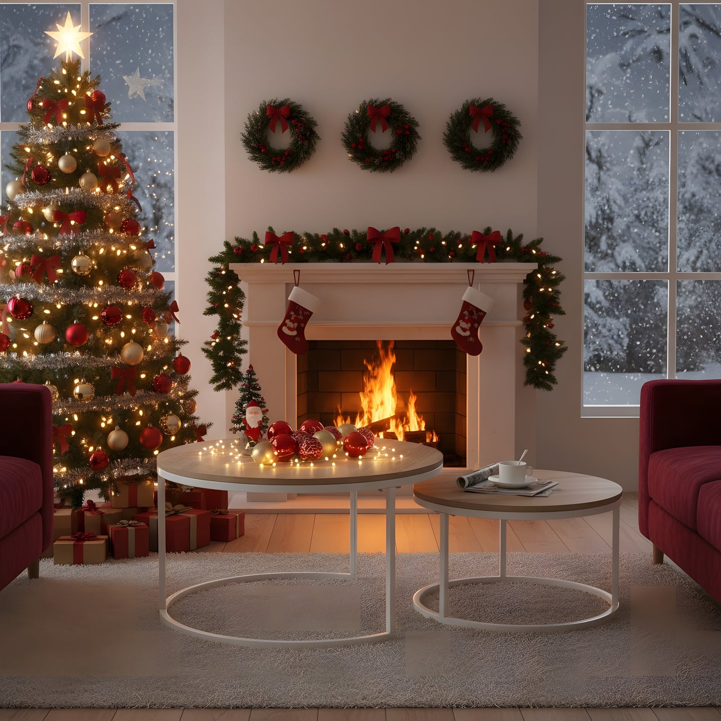 Lot de 2 Tables Basses Gigognes Rondes Style Scandinave - Table de Salon - 80 x 45 cm et 60 x 35 cm - Couleur Chêne