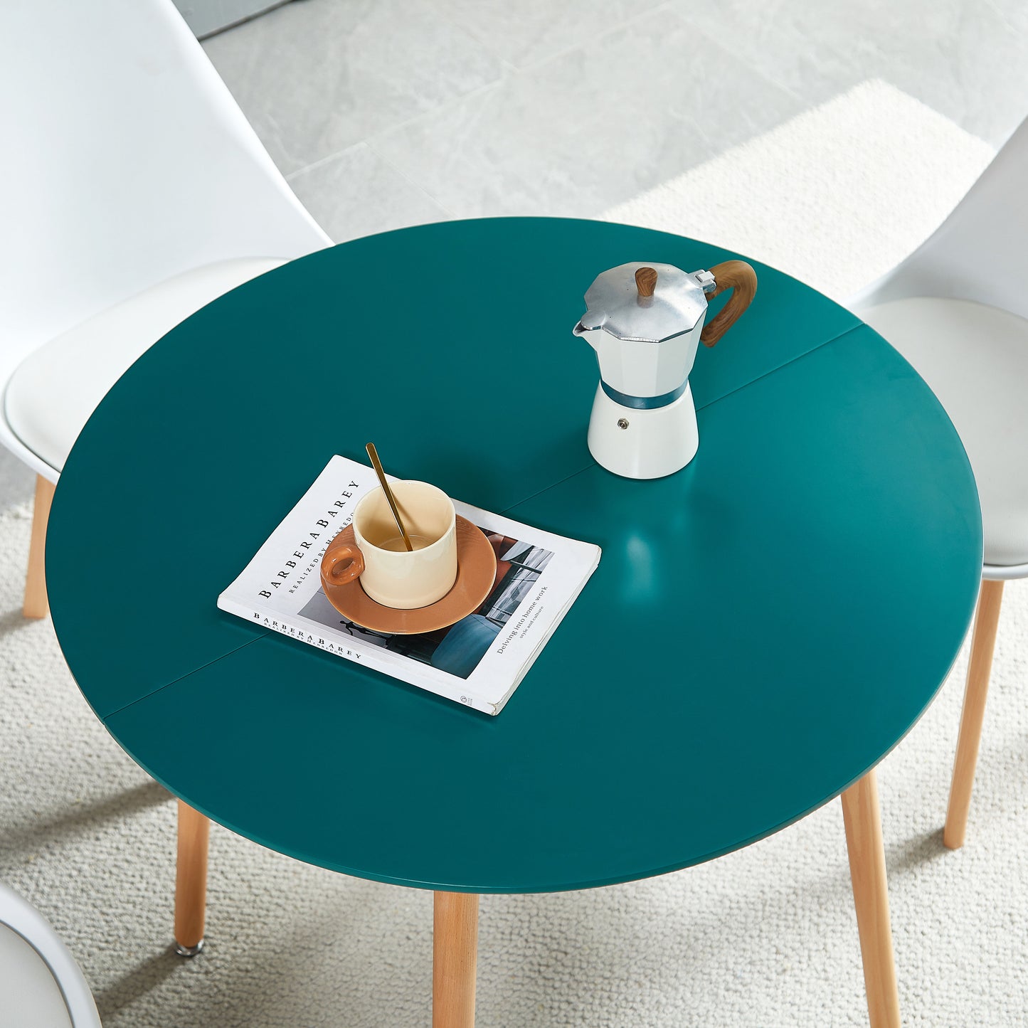 Table à manger, Table de cuisine ronde, Bleu lac, style industriel