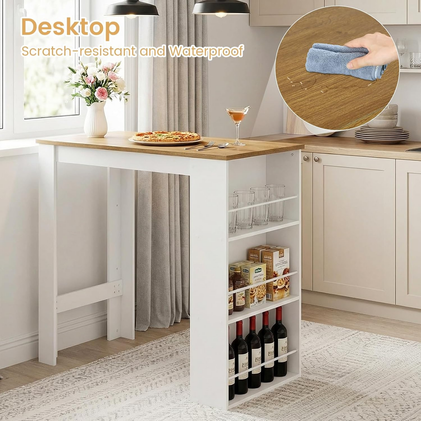 Table de Bar avec Rangement, Table de Bar pour Cuisine,112 × 57 × 106 cm, Blanc et chêne Clair