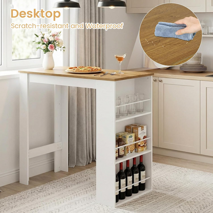 Table de Bar avec Rangement, Table de Bar pour Cuisine,112 × 57 × 106 cm, Blanc et chêne Clair