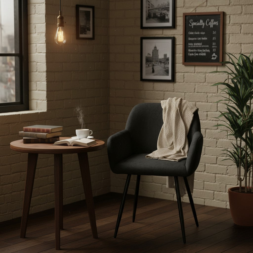 1x Chaises de Salle à Manger Scandinaves Rembourrées avec Accoudoirs Velours Chaises de Cuisine Pieds en Métal Ergonomique , Noir