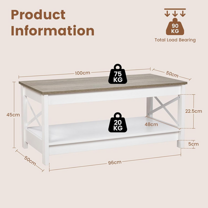 Table de salon, table basse style campagnard, table de salon avec espace de rangement, table basse vintage
