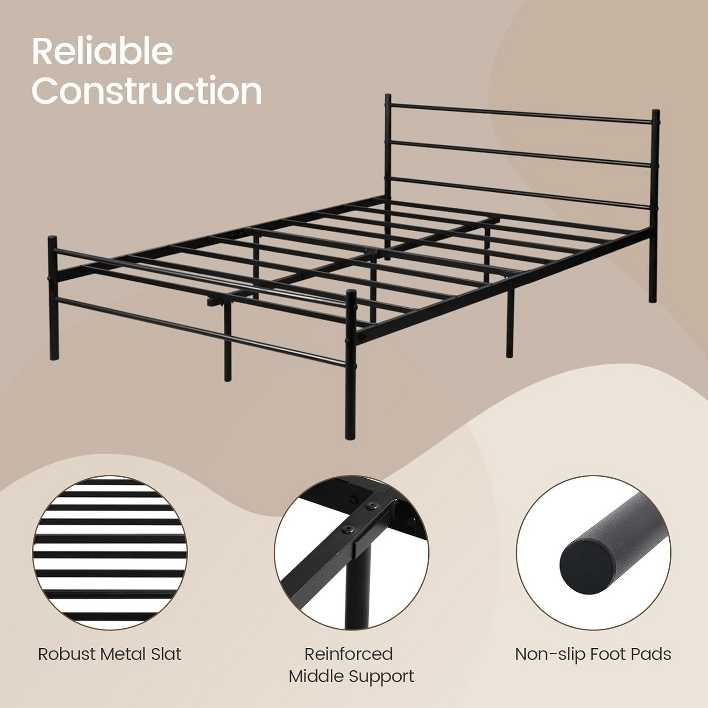 Cadre de Lit Double en Métal - 140x190 cm - Noir