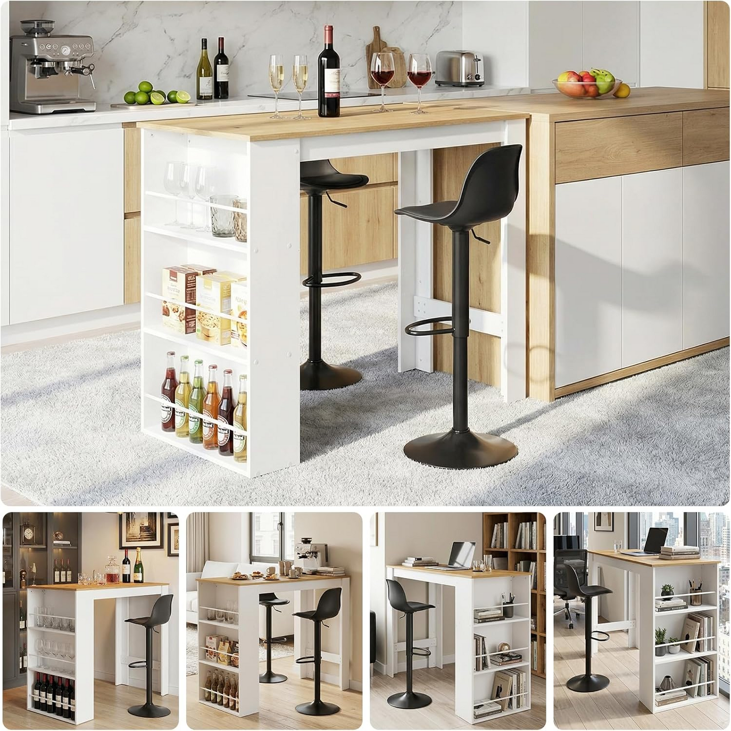 Table de Bar avec Rangement, Table de Bar pour Cuisine,112 × 57 × 106 cm, Blanc et chêne Clair